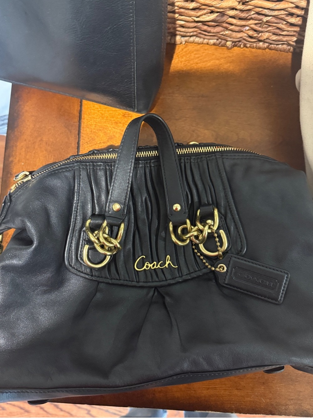 Coach Black Leather Satchel with Gold Hardware and Pleated Front